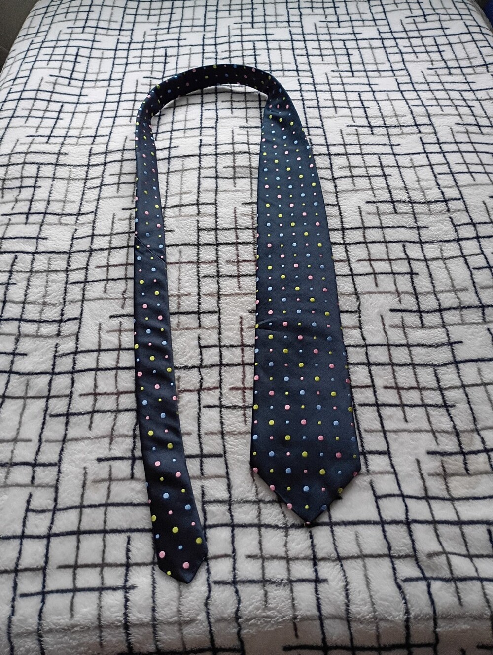 100% Italian Silk Men's Polka Dot Tie - Navy with Multicolor Dots